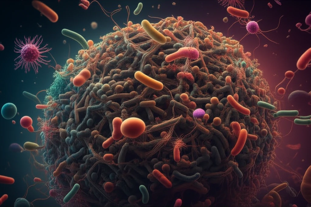 Microbial communities breaking down lignin, digital illustration.