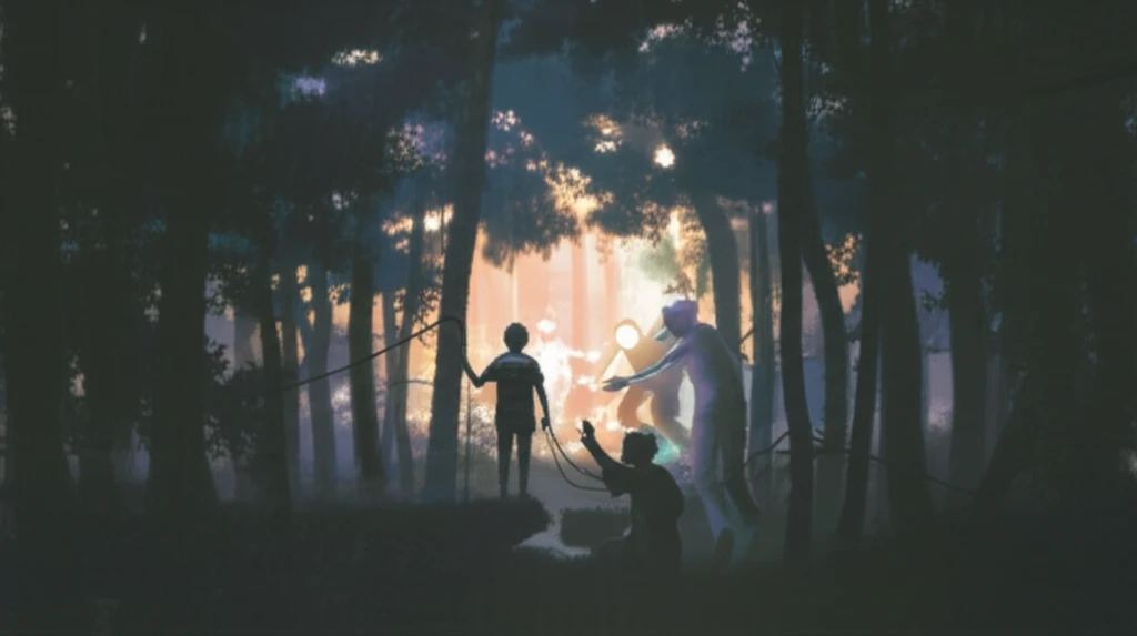 Symbolic image of a person at the edge of a dark forest (outside world) being beckoned by glowing figures in a warmly lit clearing (cult). Represents the allure and vulnerability associated with cults.