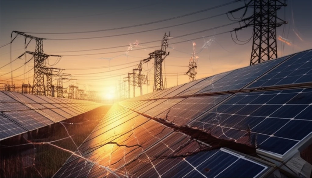 Surreal illustration of a degraded solar park impacting a stressed power grid.