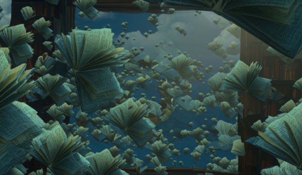 Person surrounded by floating books, symbolizing knowledge and creativity.