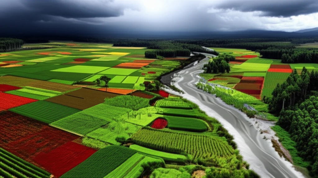 Andean river flowing through farmland and forests, showing the contrast of land use.