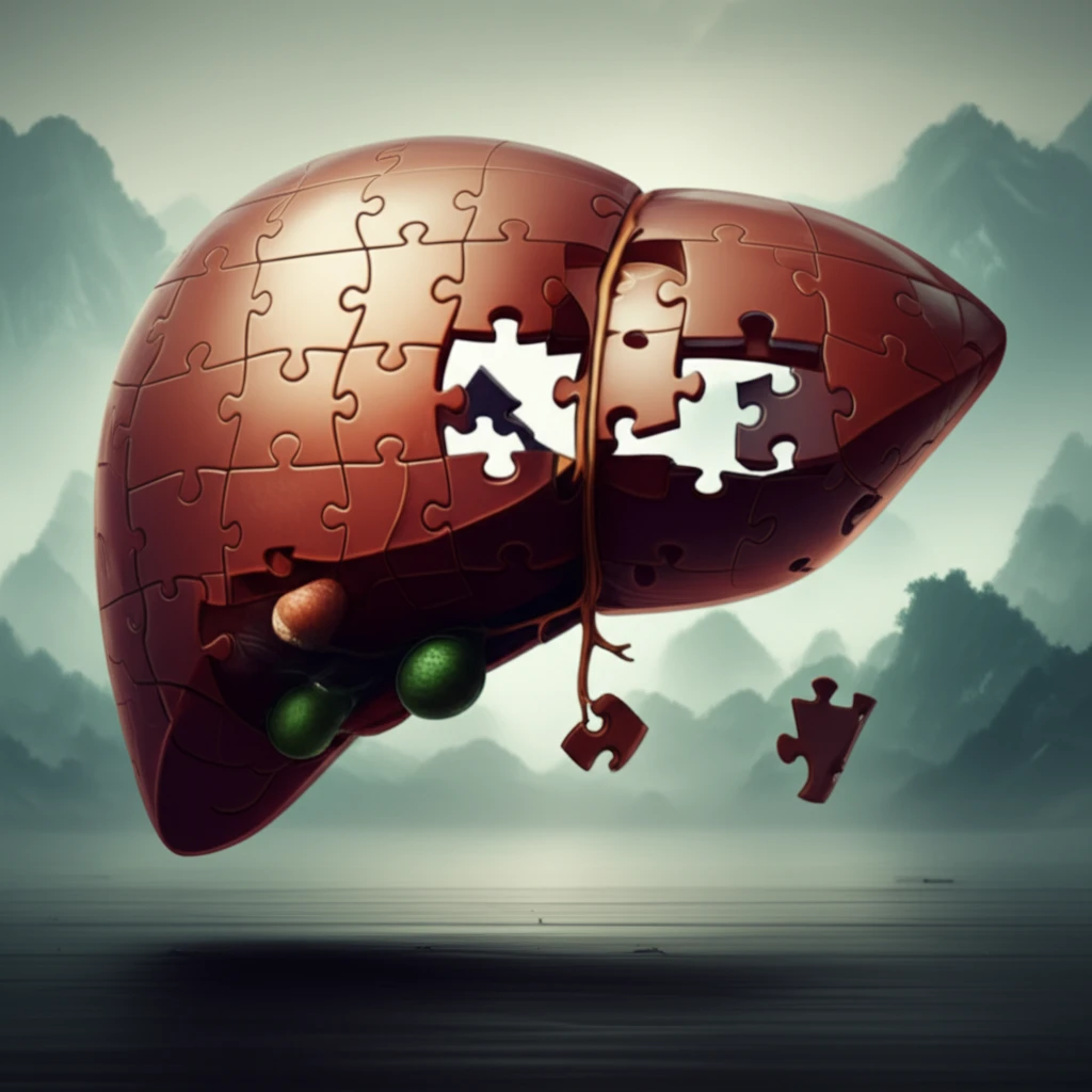 Surreal image of a liver puzzle representing liver fibrosis diagnosis.