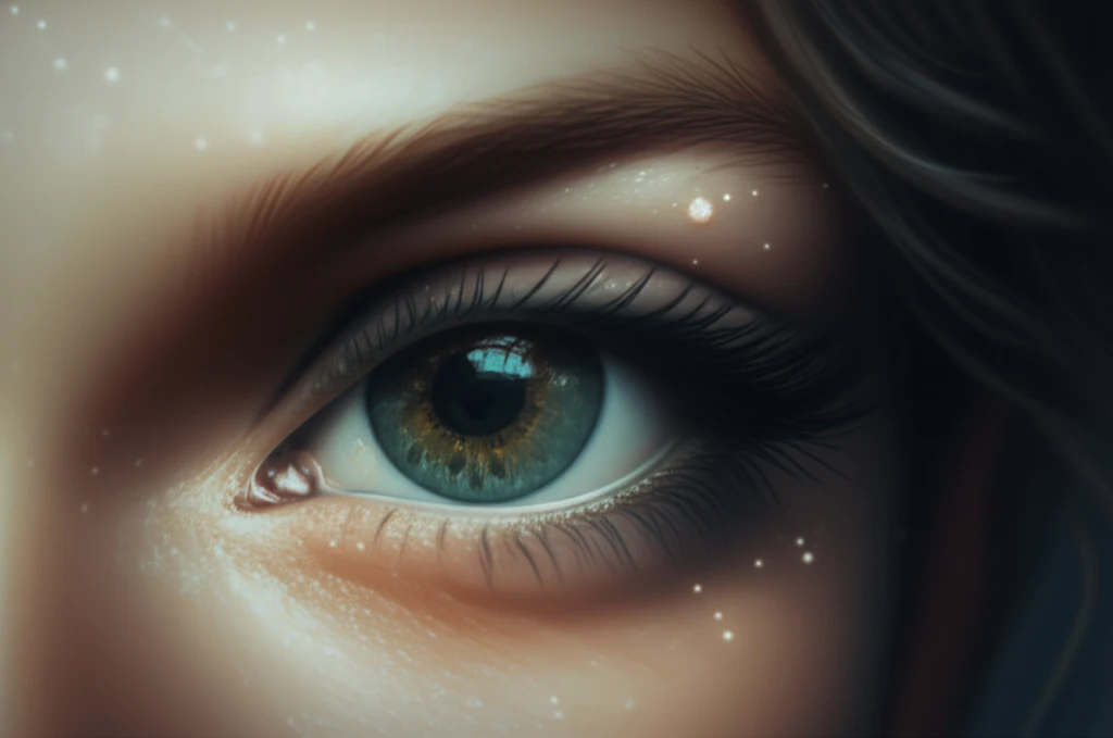 Close-up of an eye with milia-like bumps on the eyelid, resembling a constellation.