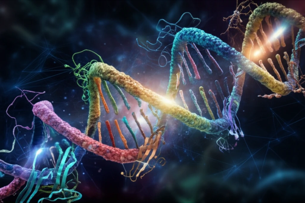 Surreal illustration of DNA and zinc finger proteins, symbolizing genetic diversity and personalized medicine.