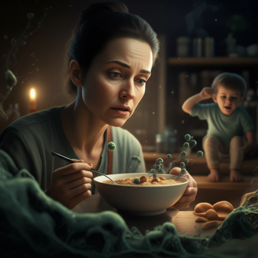 A mother carefully examines her child's porridge, highlighting the hidden dangers of aflatoxins in seemingly harmless foods.