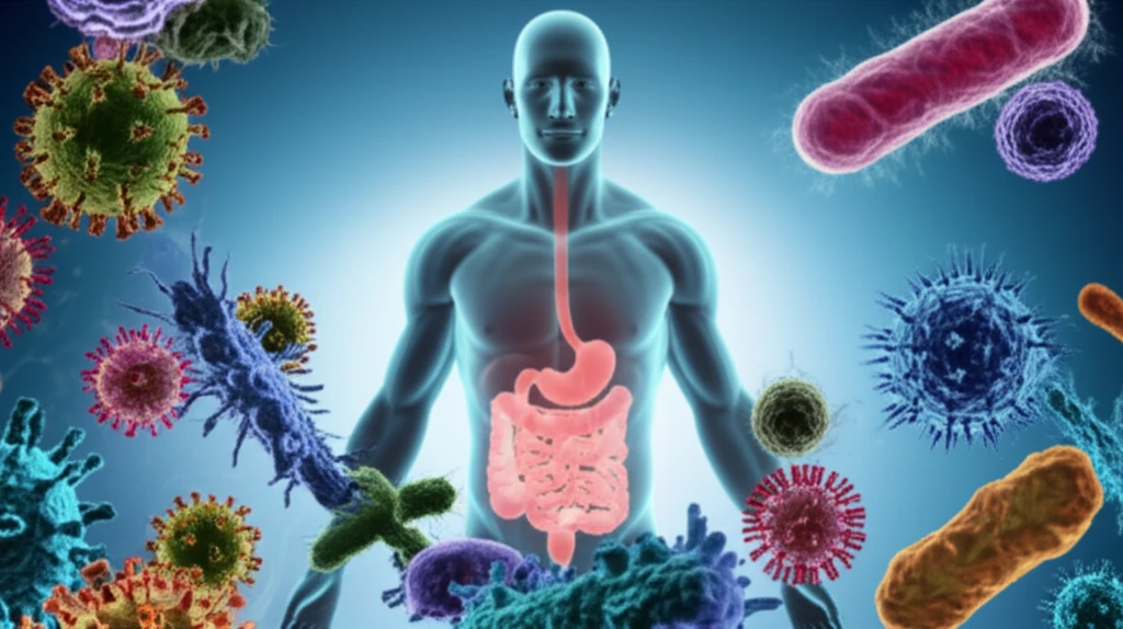 Microscopic view of viruses and bacteria in the gut.