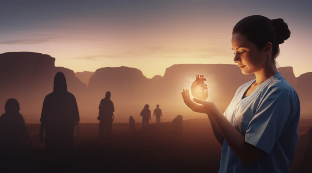 A nurse holding a glowing heart, symbolizing empathy, in Swaziland.