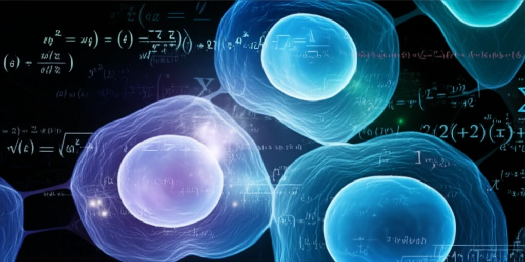 Surreal illustration of cell division with mathematical formulas in the background.