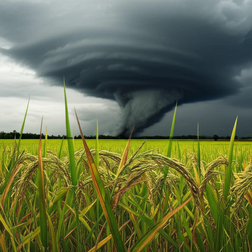 Rice paddy field under threat of sheath rot disease, symbolized by ominous fungal clouds.