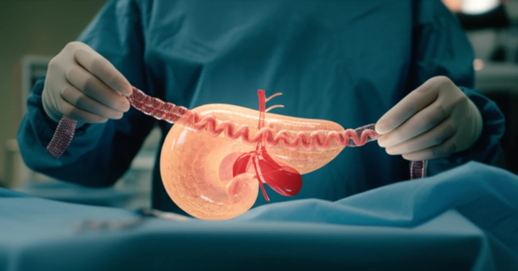 Surgical illustration of the jejunal scarf-covering method protecting the pancreas.