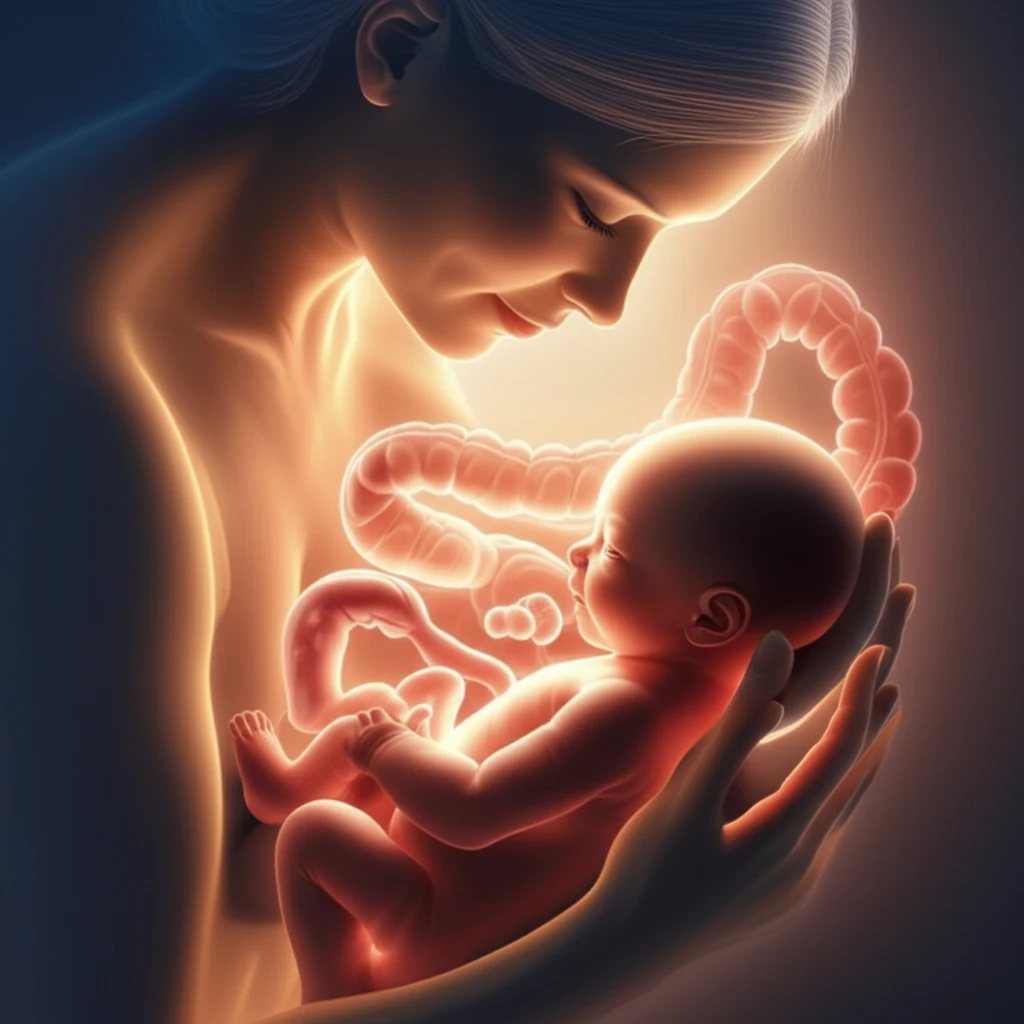 A mother holding a newborn, bathed in protective light, symbolizing maternal ischemic preconditioning.