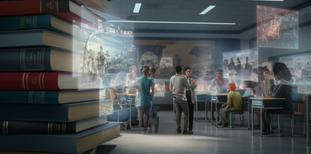 A surreal illustration of history books transforming into a modern classroom, symbolizing the evolution of history education.