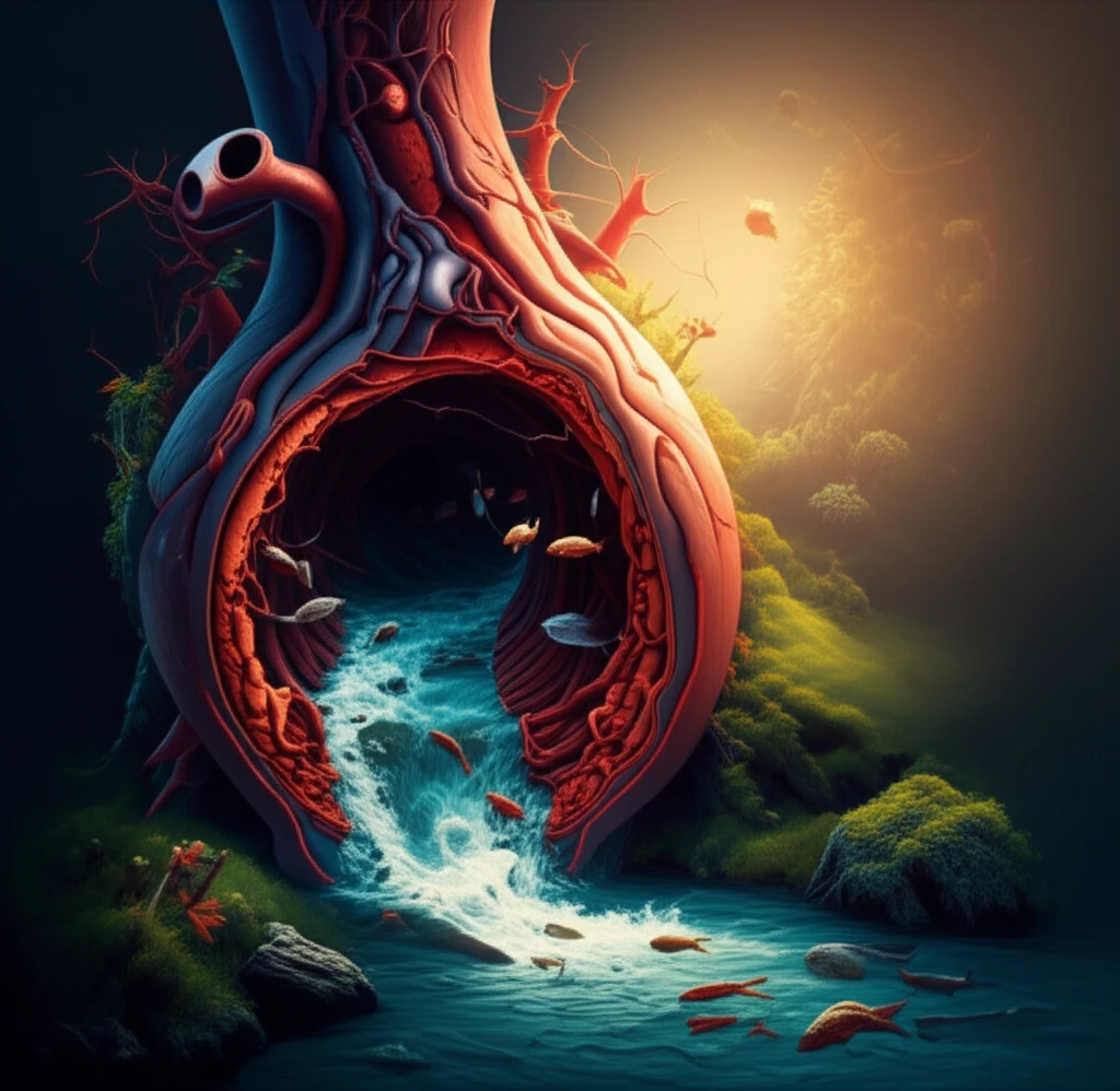 Illustration of a blocked artery transforming into a flowing river, symbolizing the successful treatment of deep vein thrombosis.