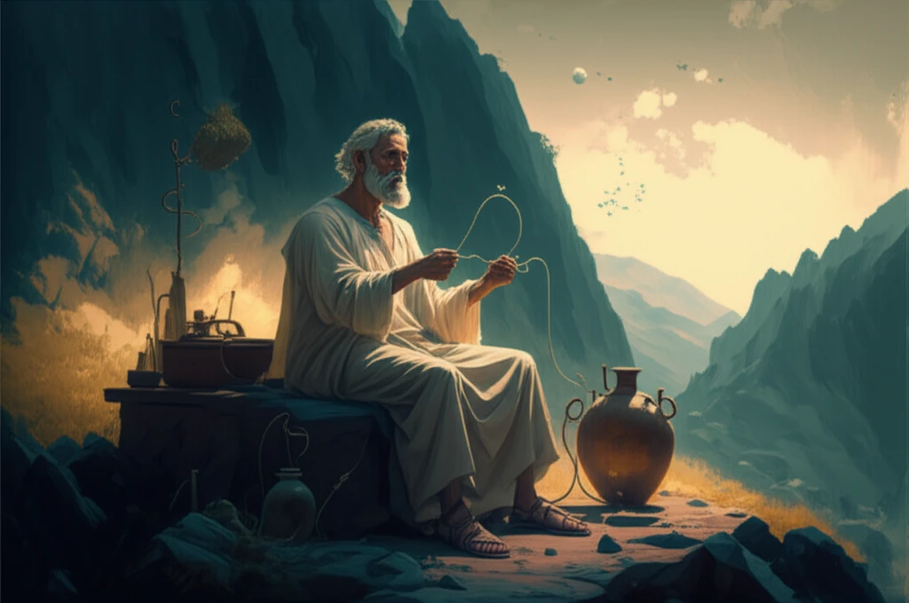 Ancient Greek physician practicing air therapy in a mountain setting.