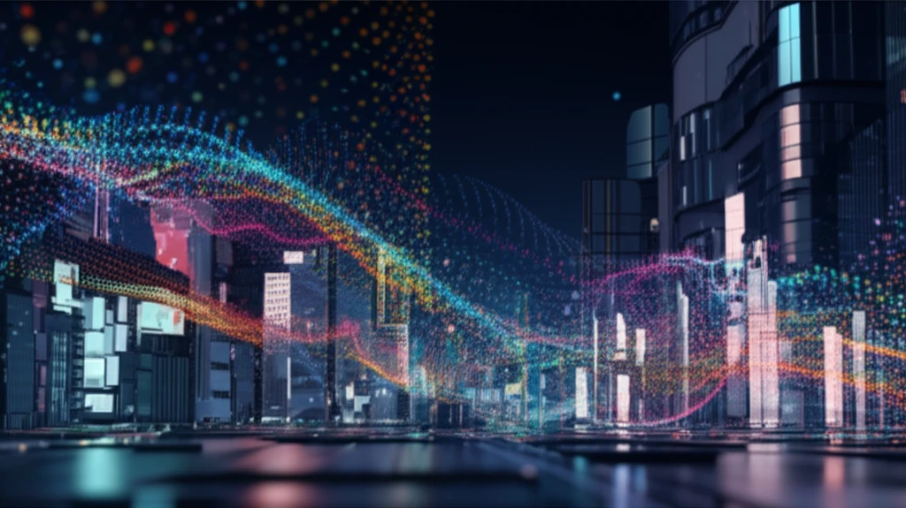 Air dispersion modeling illustrated with colorful particles in an urban setting.