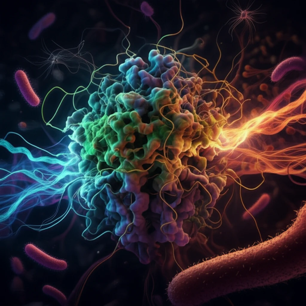 Digital illustration of a Vibrio cholerae protein with glowing energy lines.