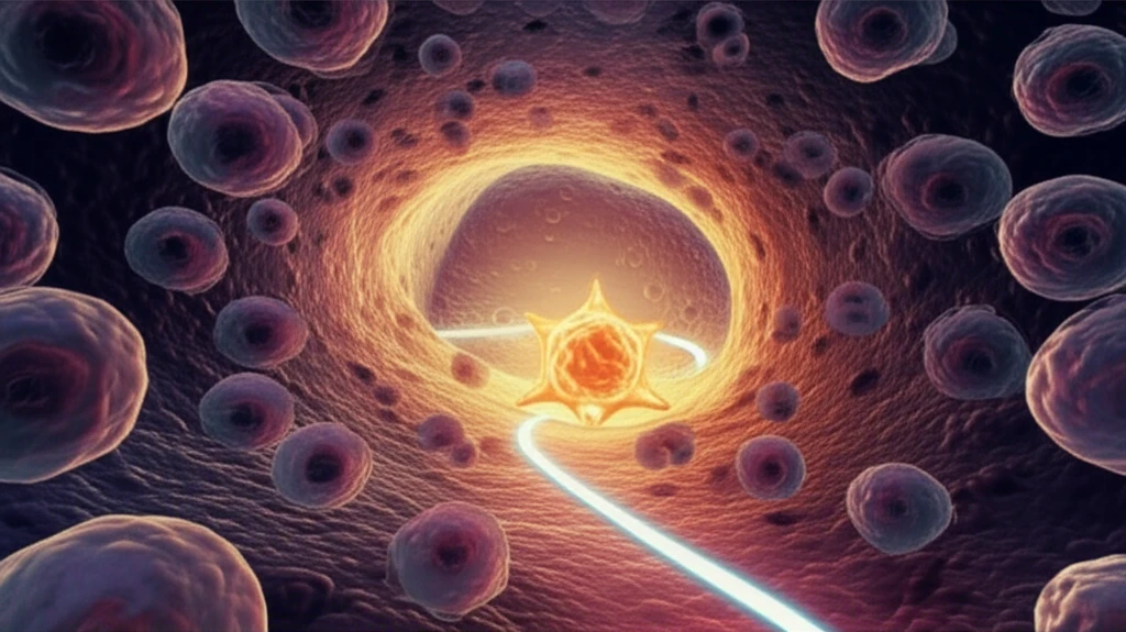 Microscopic landscape of cancer cells with a glowing 'C' symbol, representing C-reactive protein and the path to cancer treatment.