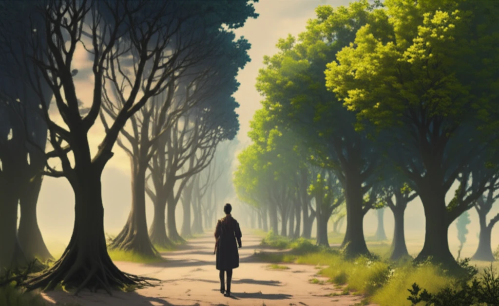 Person with COPD walking towards lung shaped trees, symbolizing COPD recovery and exercise