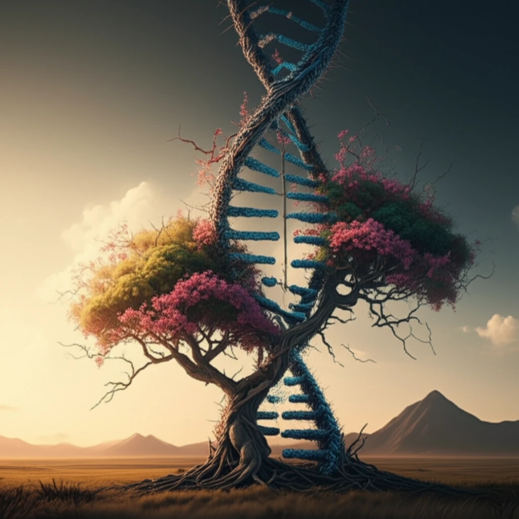 DNA strands forming a Schinus tree, illustrating plant evolution.