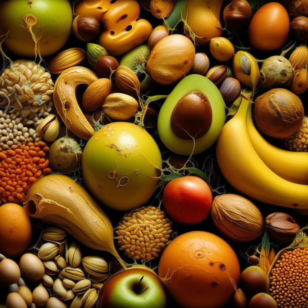 Illustration of food items with subtle mold patterns, symbolizing hidden aflatoxin contamination.