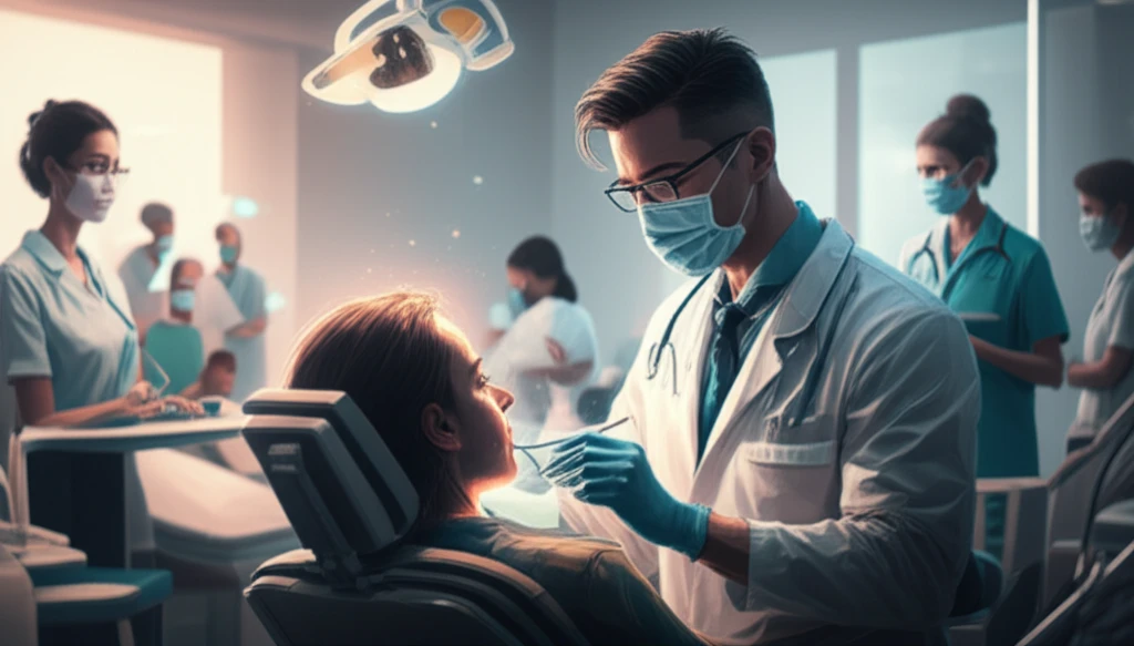 A compassionate dentist providing care to an HIV+ patient in a modern, inclusive dental clinic.