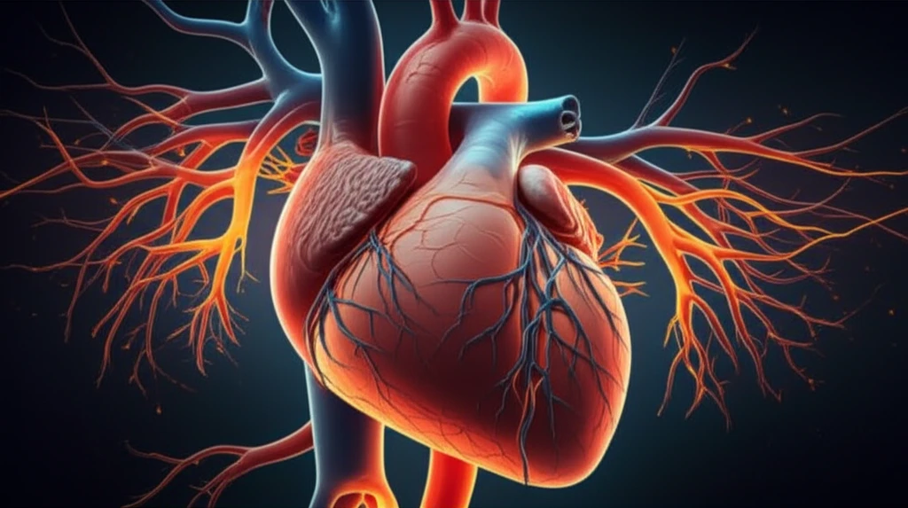 Surreal illustration of a heart with arteries transforming into crystalline structures and fiery strands, symbolizing the role of uric acid and interleukin-17 in cardiovascular disease.