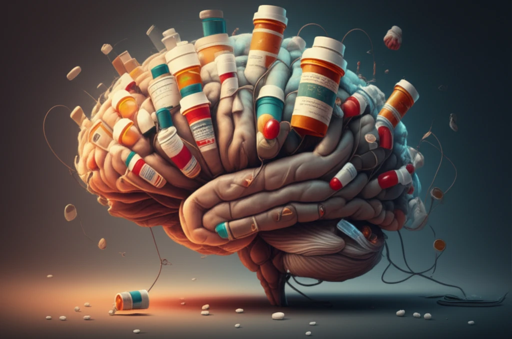 Brain entangled in prescription bottles, symbolizing mental health treatment complexities.