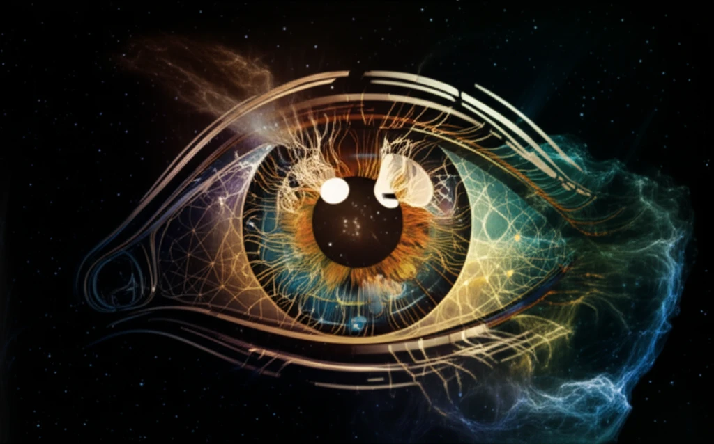 Surreal digital illustration of a human eye composed of networks of light and shadow.