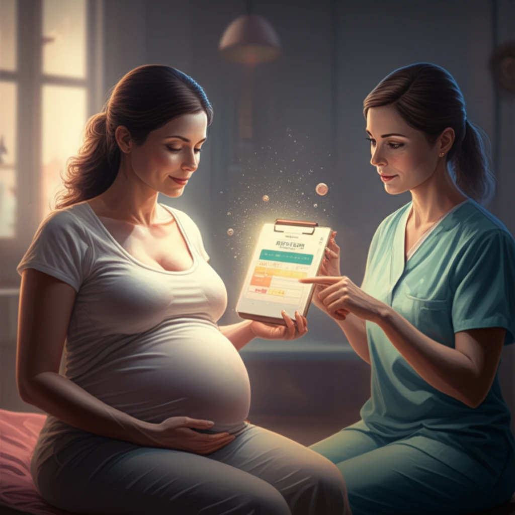 Pregnant woman and midwife consult a weight gain chart in a prenatal clinic.