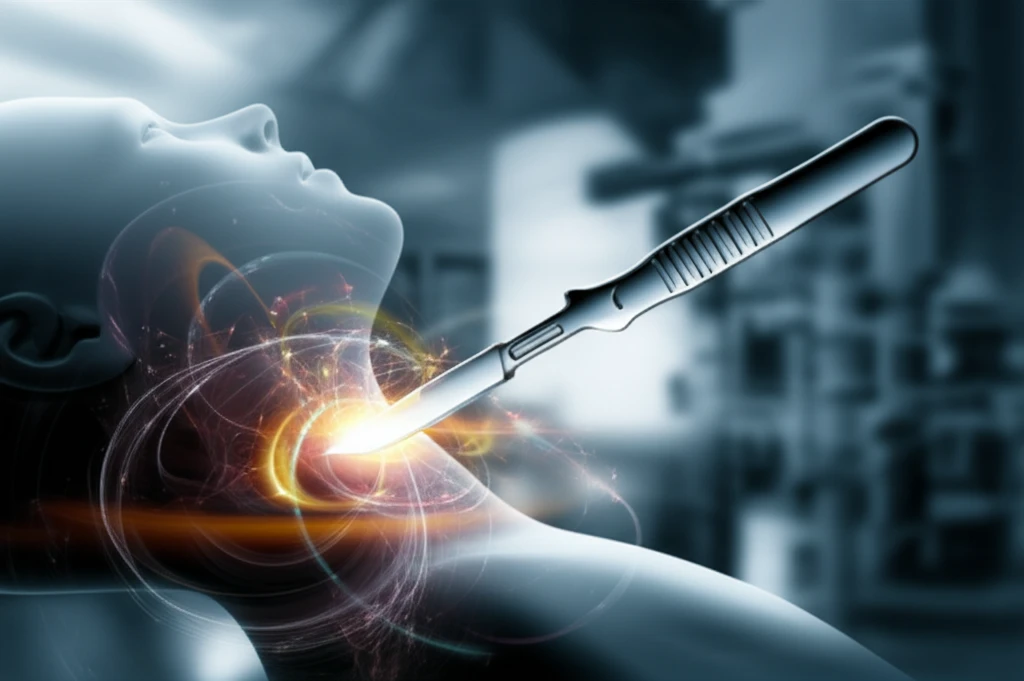 Surgical scalpel hovering over stylized neck, representing emergency airway procedure.