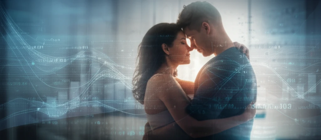 Intimate embrace overlaid with data streams