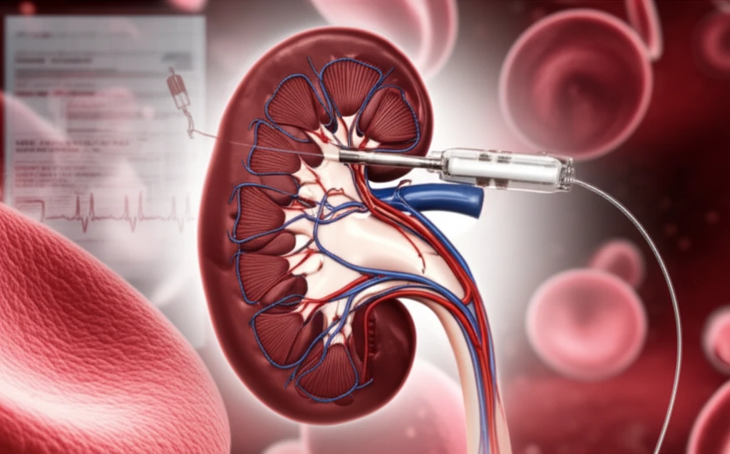 Surreal illustration of kidney with AngioJet device representing the risk of kidney injury in DVT treatment.
