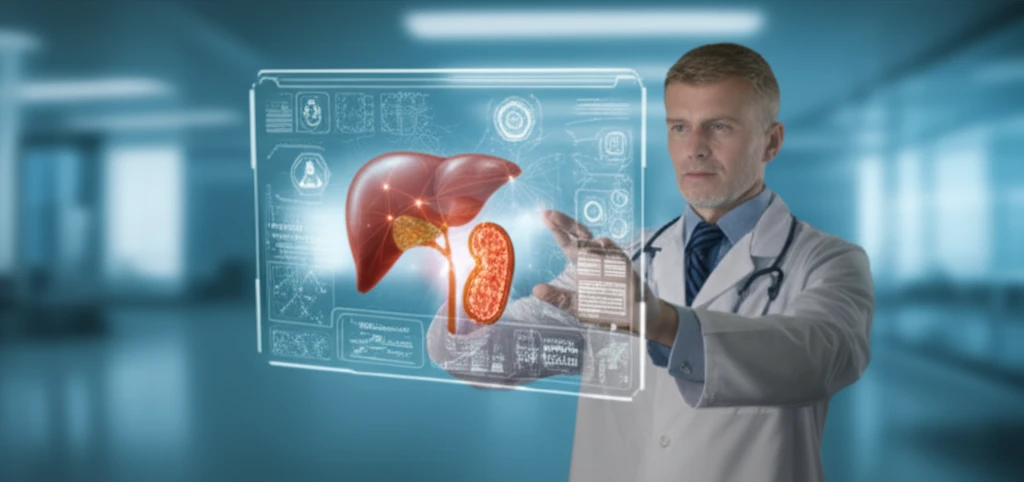 Doctor examining holographic liver and spleen model