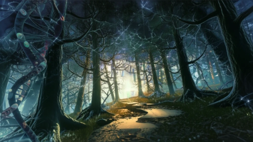 Surreal illustration of a neuron forest with DNA strands, symbolizing medical research in Spinocerebellar Ataxia.