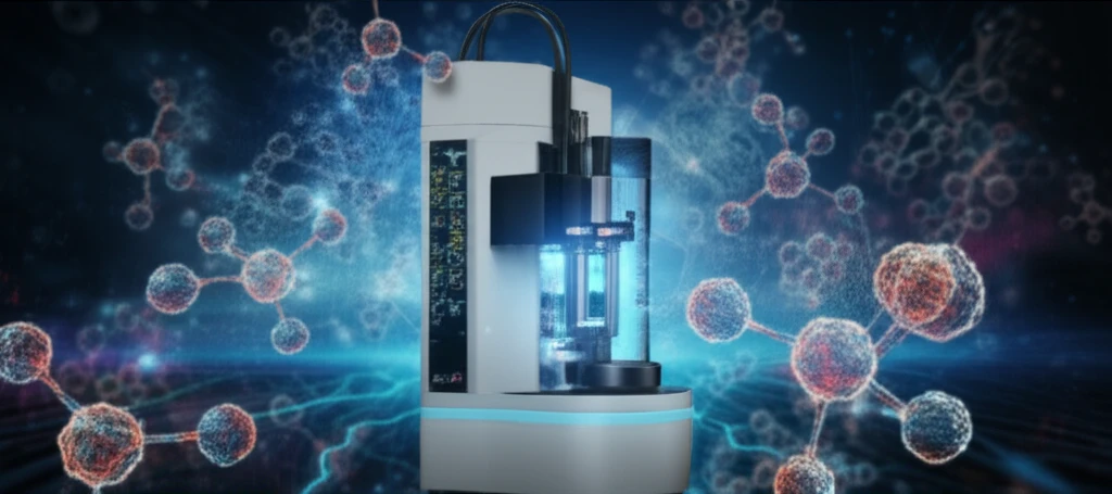 Surreal illustration of glycan network being analyzed by LC-MS instrument.
