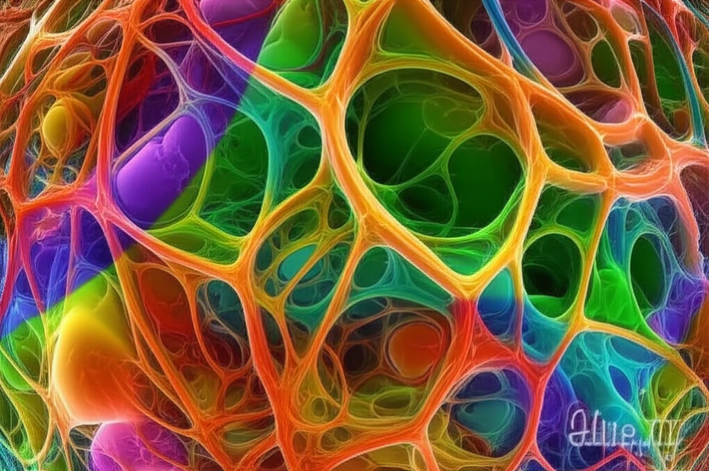 Microscopic dough structure with fluorescent dyes highlighting protein networks