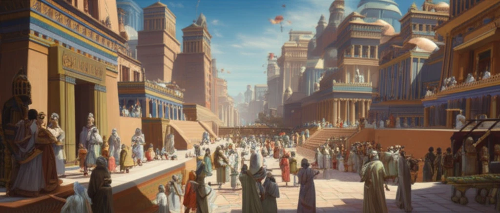 A diverse crowd of people from different ancient cultures mingle in the bustling streets of Nebuchadnezzar's Babylon.