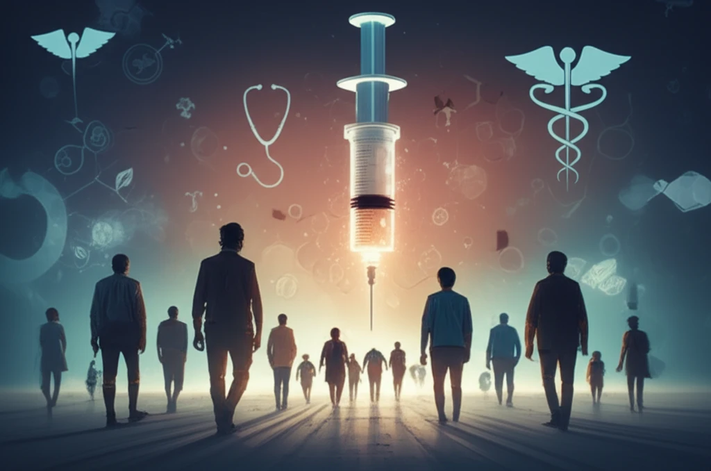 Diverse group approaching HPV vaccine with healthcare symbols