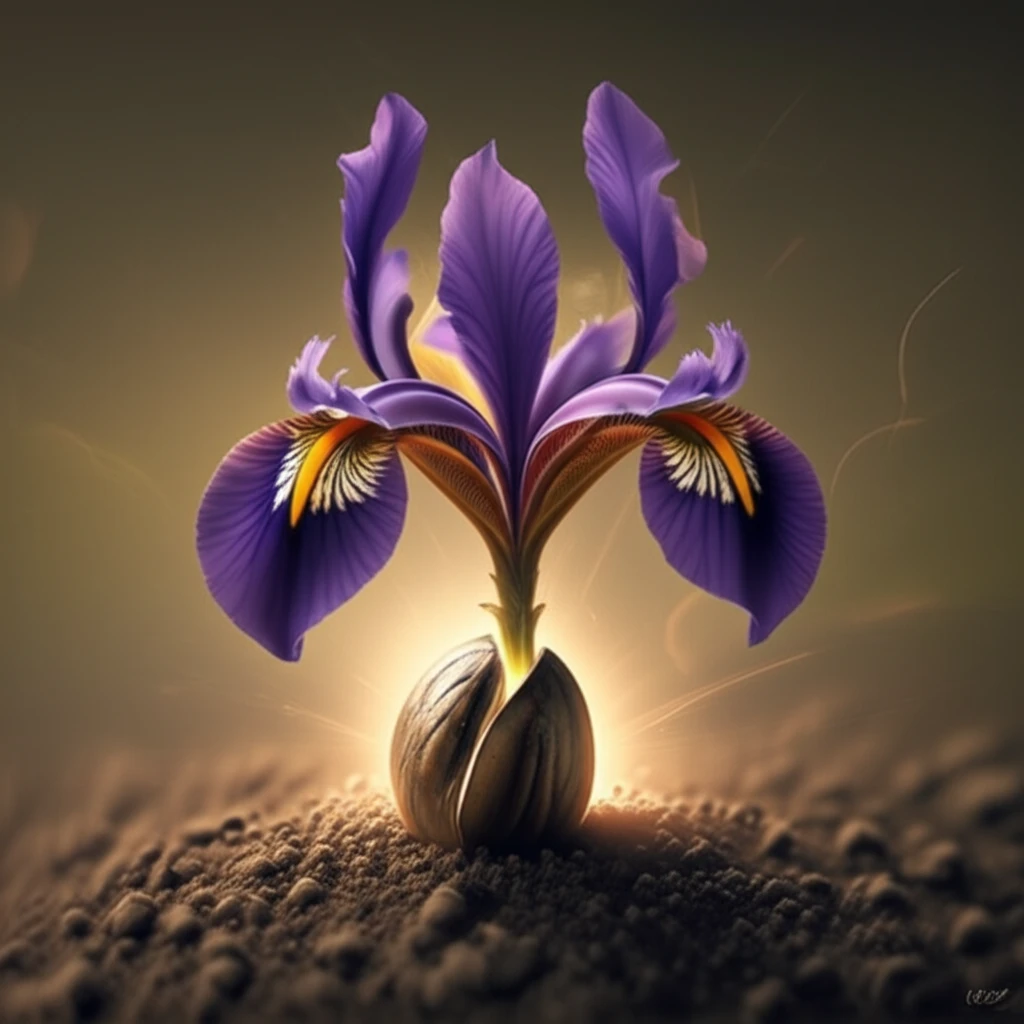 Iris seed transforming into a blooming Iris sanguinea flower.
