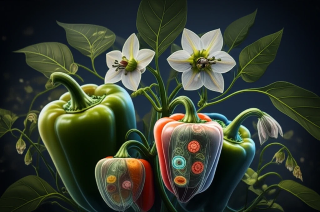 Surreal illustration of pepper plant anthers showcasing genetic male sterility at the cellular level.