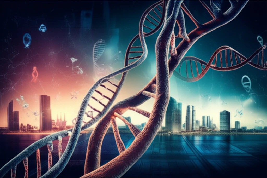 Abstract illustration of DNA strands intertwined with a cityscape, symbolizing the complex relationship between genetics and colon cancer research.