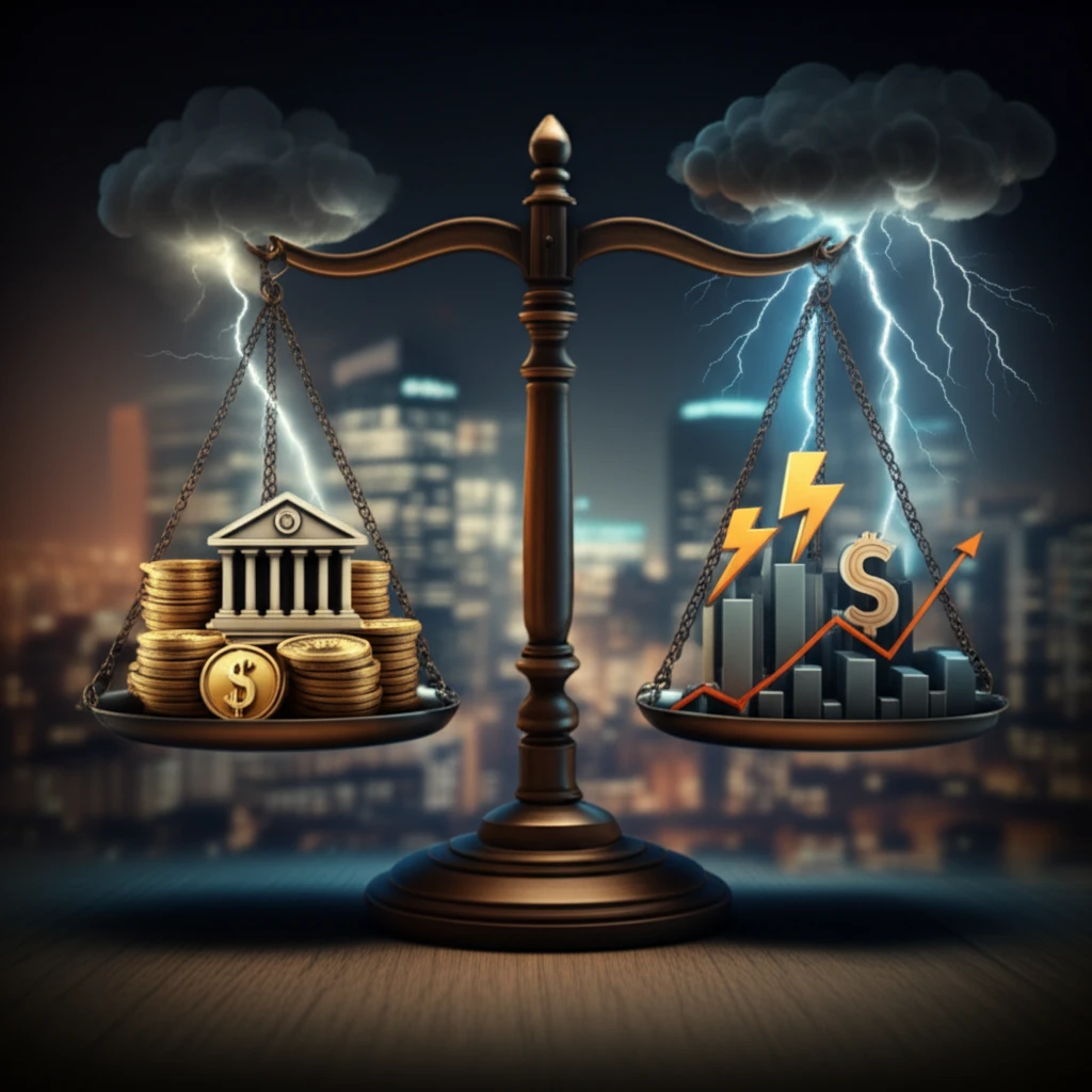 Balanced scale showing banking risks and financial stability.