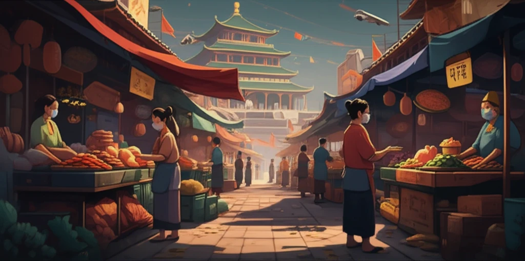 Surreal illustration of a Chinese marketplace reflecting food safety concerns and state oversight.