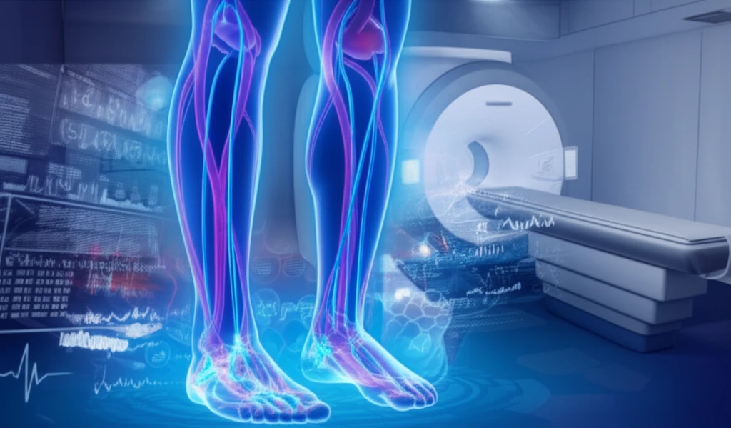Glowing blood vessels in legs representing non-contrast MRI for PAD diagnosis