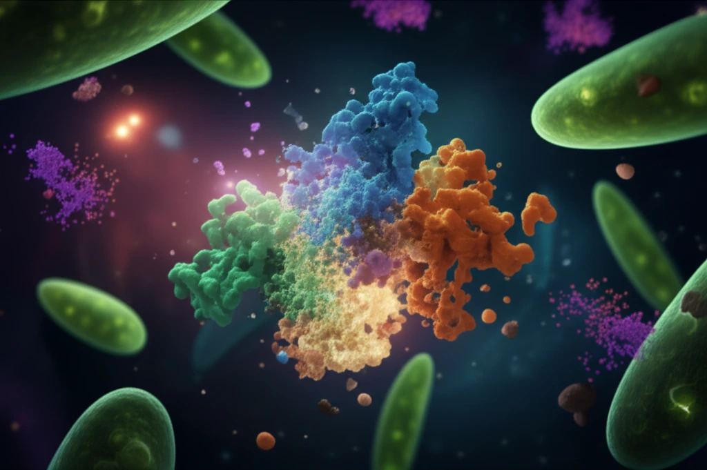 Surreal illustration of deconstructed RuBisCO enzyme inside Euglena Longa cell, symbolizing declining function.