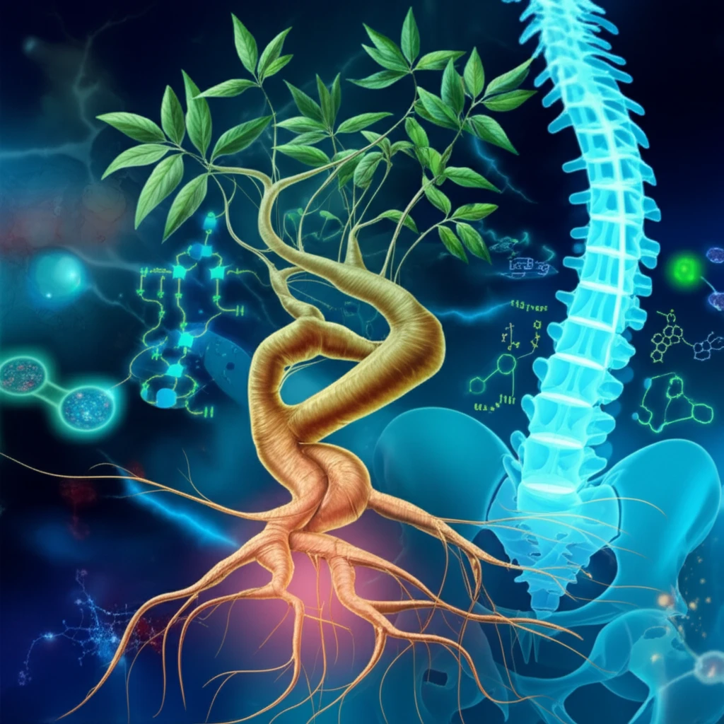Tripterygium wilfordii plant intertwined with a human spinal cord, symbolizing pain relief and healing.