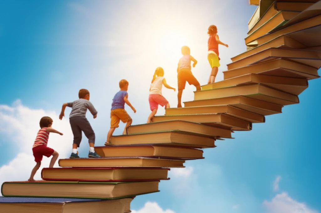 Children climbing a staircase of books towards a bright sky.