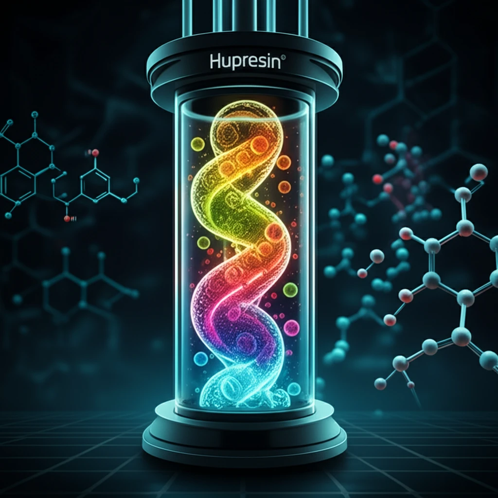 A chromatography column labeled 'Hupresin' filled with swirling, glowing enzymes.