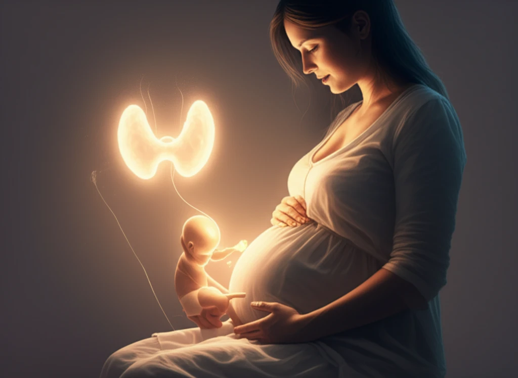 A pregnant woman surrounded by glowing thyroid symbols, symbolizing the connection between maternal thyroid health and child well-being.