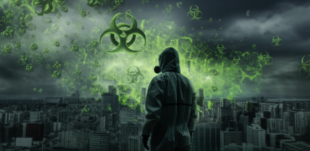 Stylized illustration of a cityscape under a bio-threat cloud.